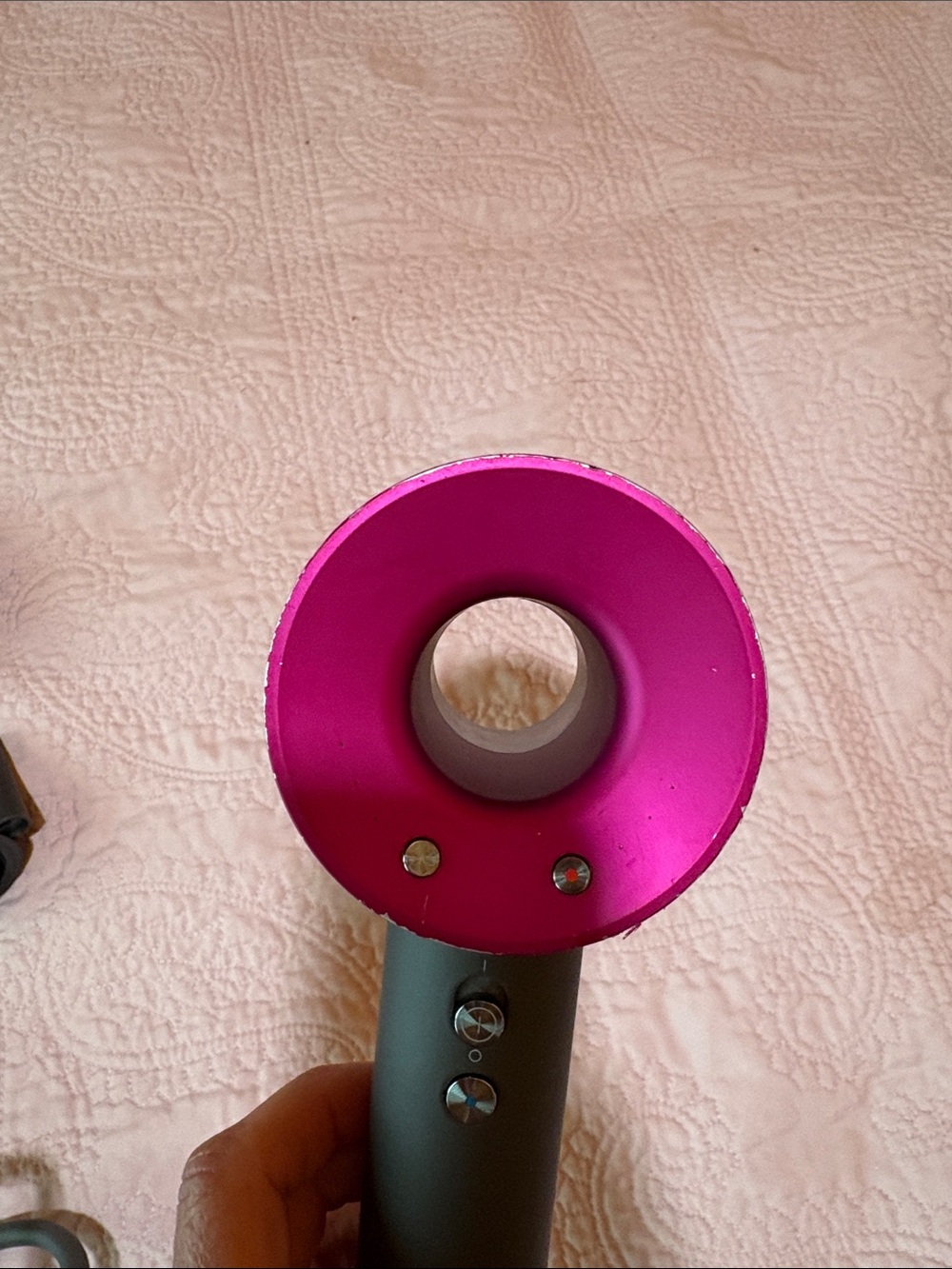 Dyson hair dryer in fuchsia pink and dark gray with attachments - Picture 5 of 7